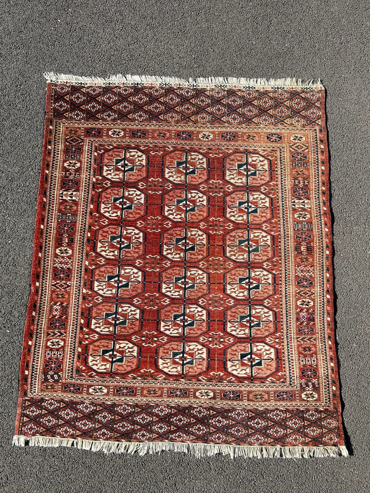 Antique Tekke Turkmen Rug Hand Knotted Wool Bokhara Gul Early 20thC 110x130cm2