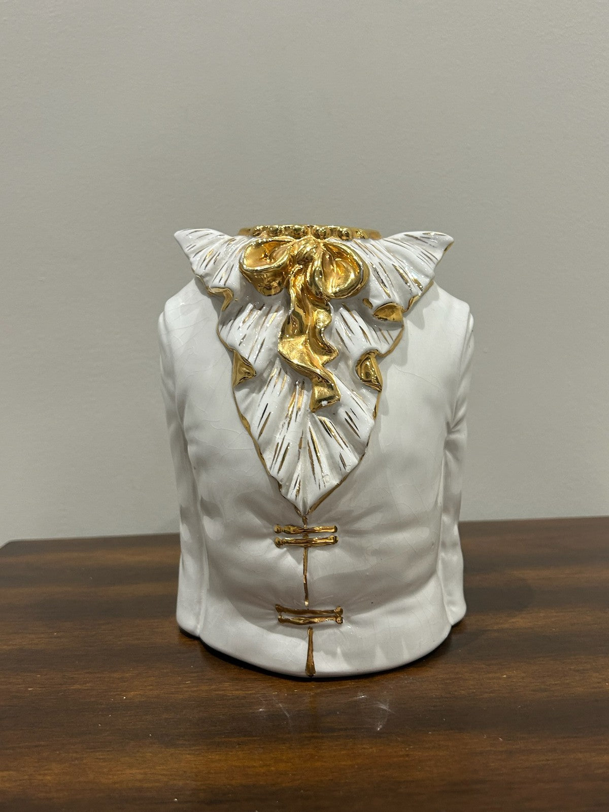 Italian Porcelain Figural Jacket Waistcoat Vase White Gilt Made in Italy0