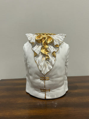 Italian Porcelain Figural Jacket Waistcoat Vase White Gilt Made in Italy