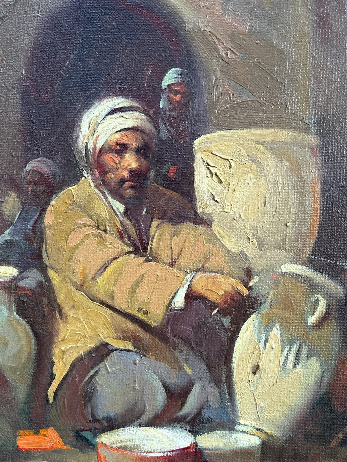 Orientalist Oil Painting Arab Water Seller Among Jars Signed Framed2