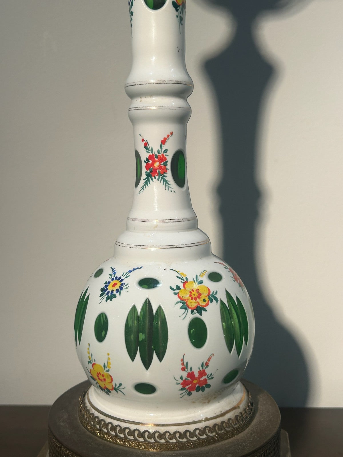 Antique Bohemian Overlay Glass Oil Lamp White Cut Green Hand Enamelled Brass9