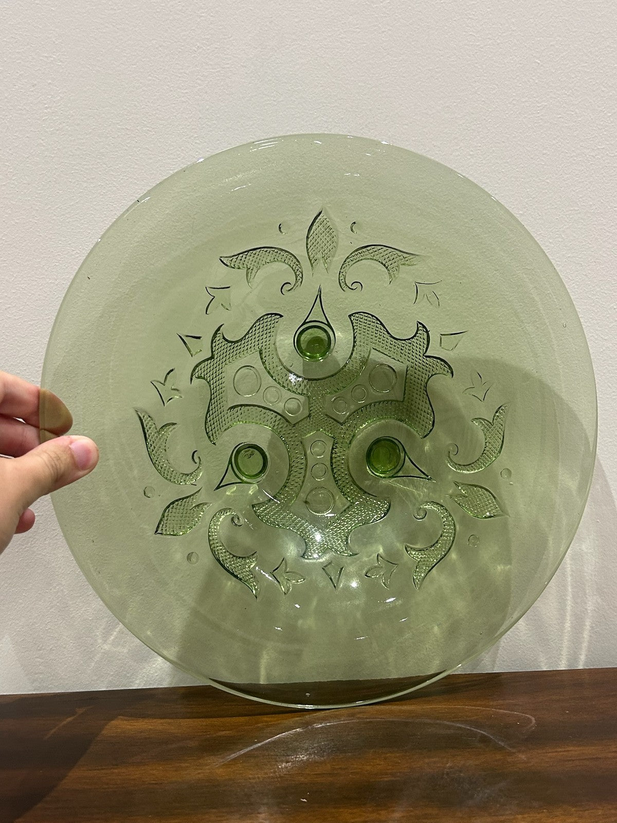 Green Pressed Glass Plate Moulded Dragon Scroll Relief1