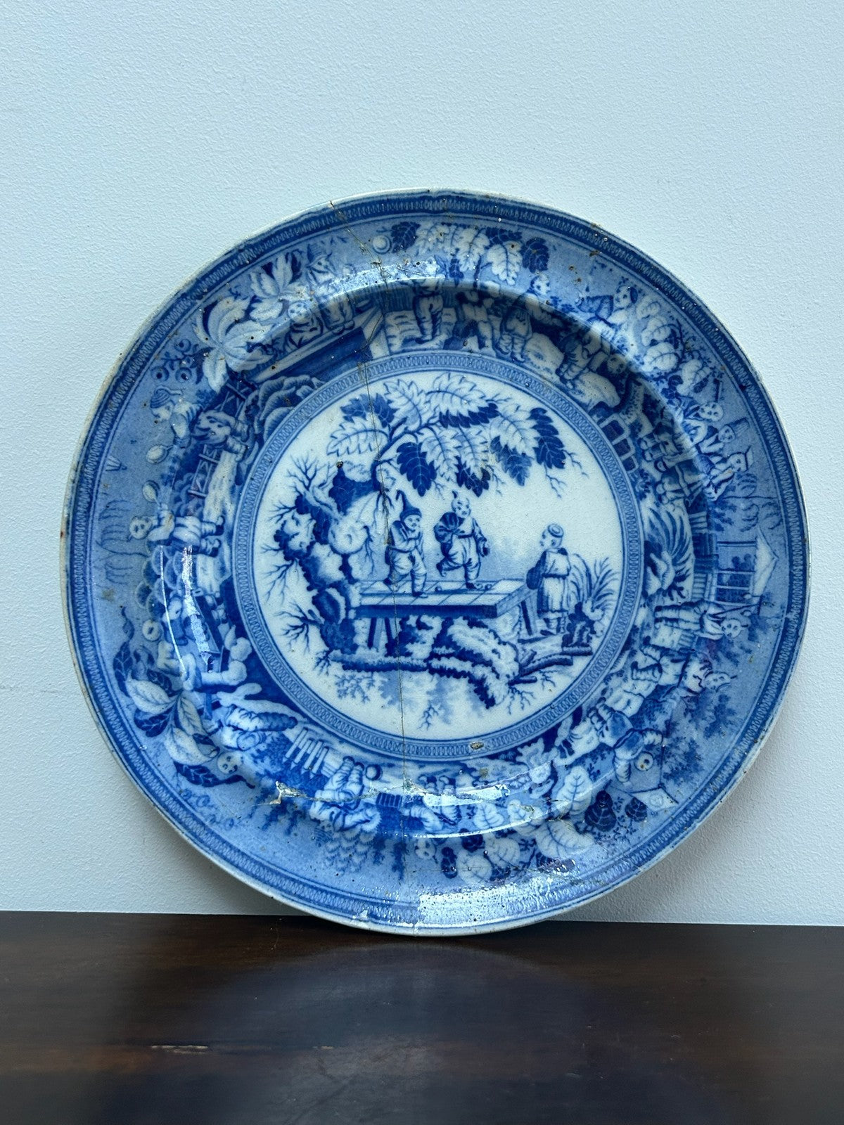 Antique Staffordshire Blue White Plate Figural Scene Poss Minton c1825 Transfer0