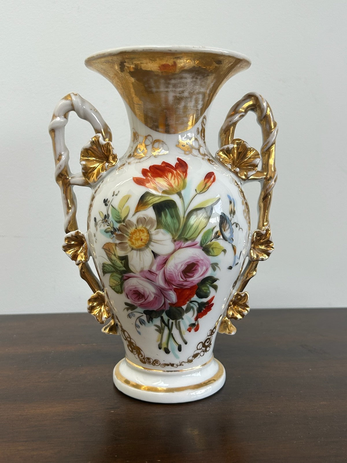 Old Paris Porcelain Twin Handled Vase Hand Painted Floral Gilt Handles0