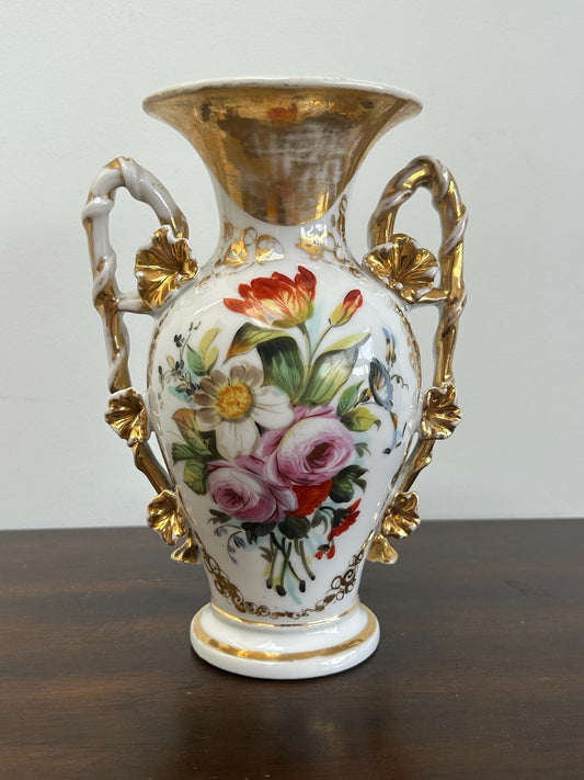 Old Paris Porcelain Twin Handled Vase Hand Painted Floral Gilt Handles0