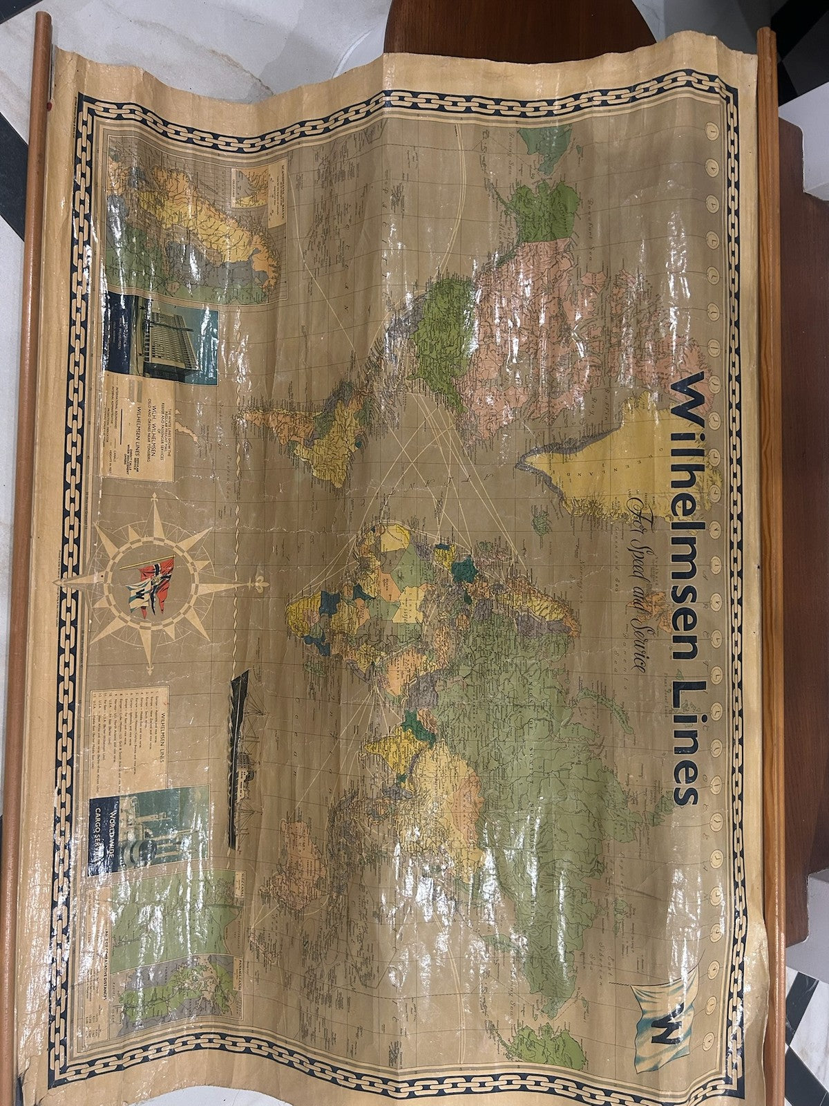 Vintage Wilhelmsen Lines Norway World Shipping Route Map Wall Chart c.1960s1