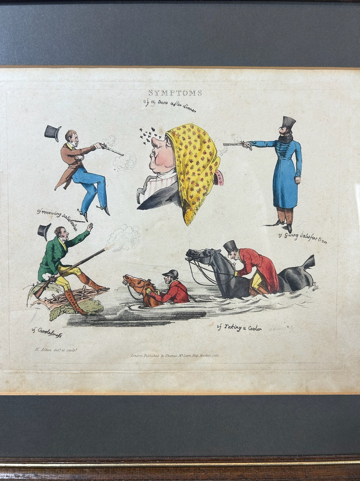 Henry Alken SYMPTOMS 1822 Hand Coloured Etching Duel Pistols Thos McLean Regency2