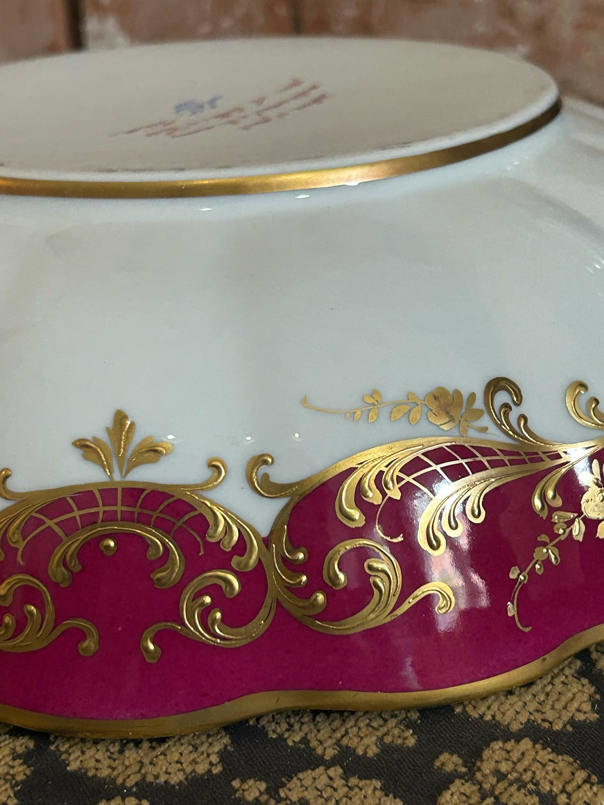 Le Tallec Paris Hand Painted Porcelain Bowl Crimson Gilt Floral Scalloped Rim16