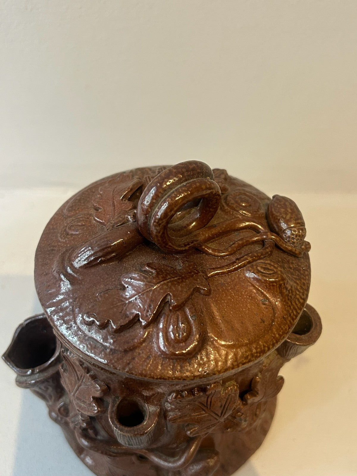 Antique 19thC French Salt Glazed Stoneware Tobacco Jar Oak Branch Acorn 14.5cm5