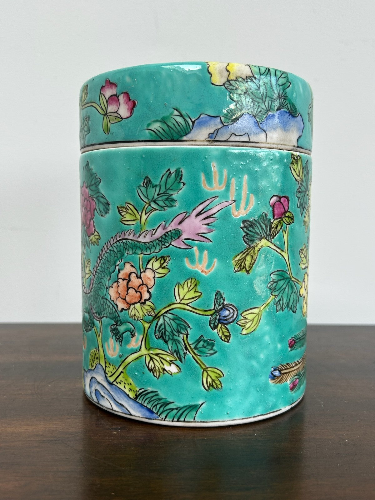 Chinese Famille Rose Green Ground Lidded Caddy Birds & Flowers 15cm5