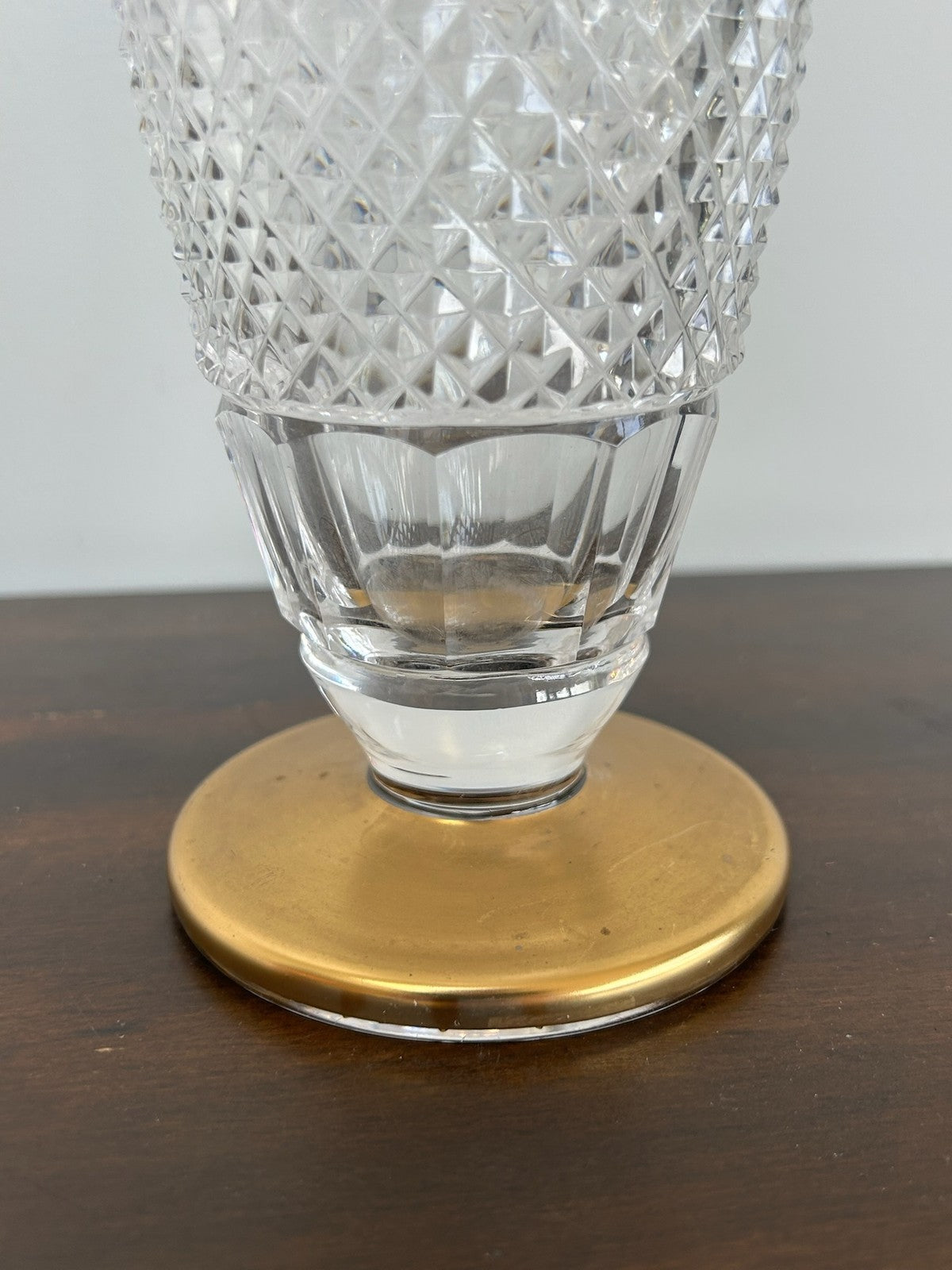 Bohemian Diamond Cut Crystal Vase Gilt Mounted Rim & Foot 25cm6