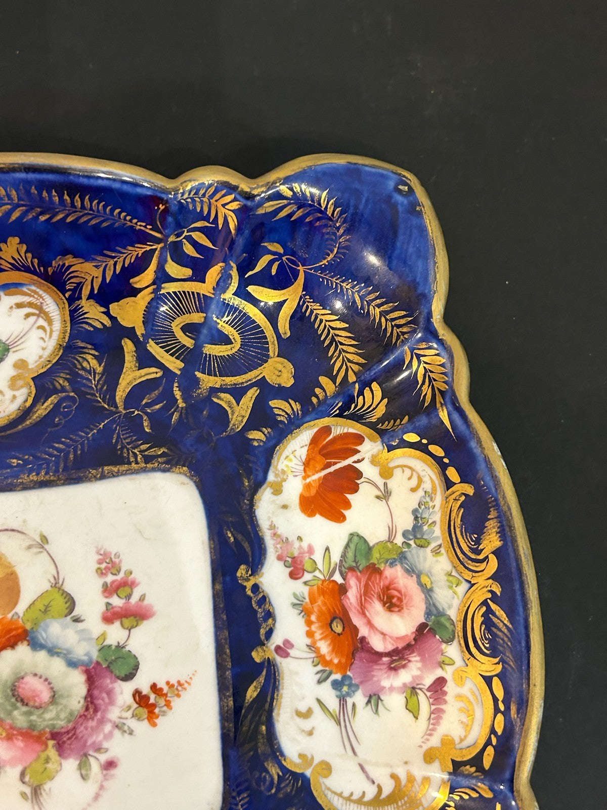 Antique English Porcelain Square Dish Cobalt Gilt Hand Painted Flowers A/F6