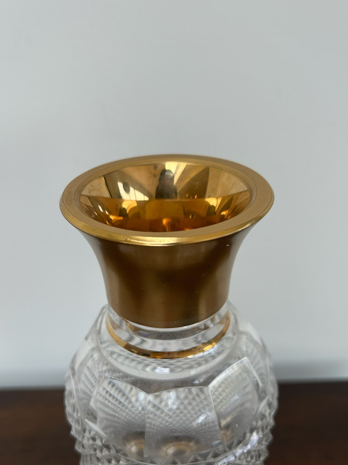 Bohemian Diamond Cut Crystal Vase Gilt Mounted Rim & Foot 25cm4