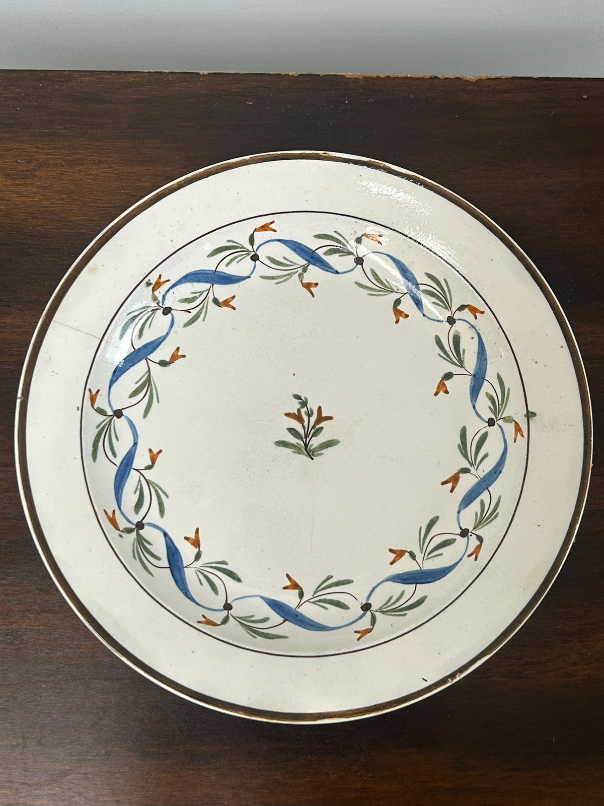 Antique Davenport Creamware Plate Hand Painted Blue Ribbon Floral Border c18100