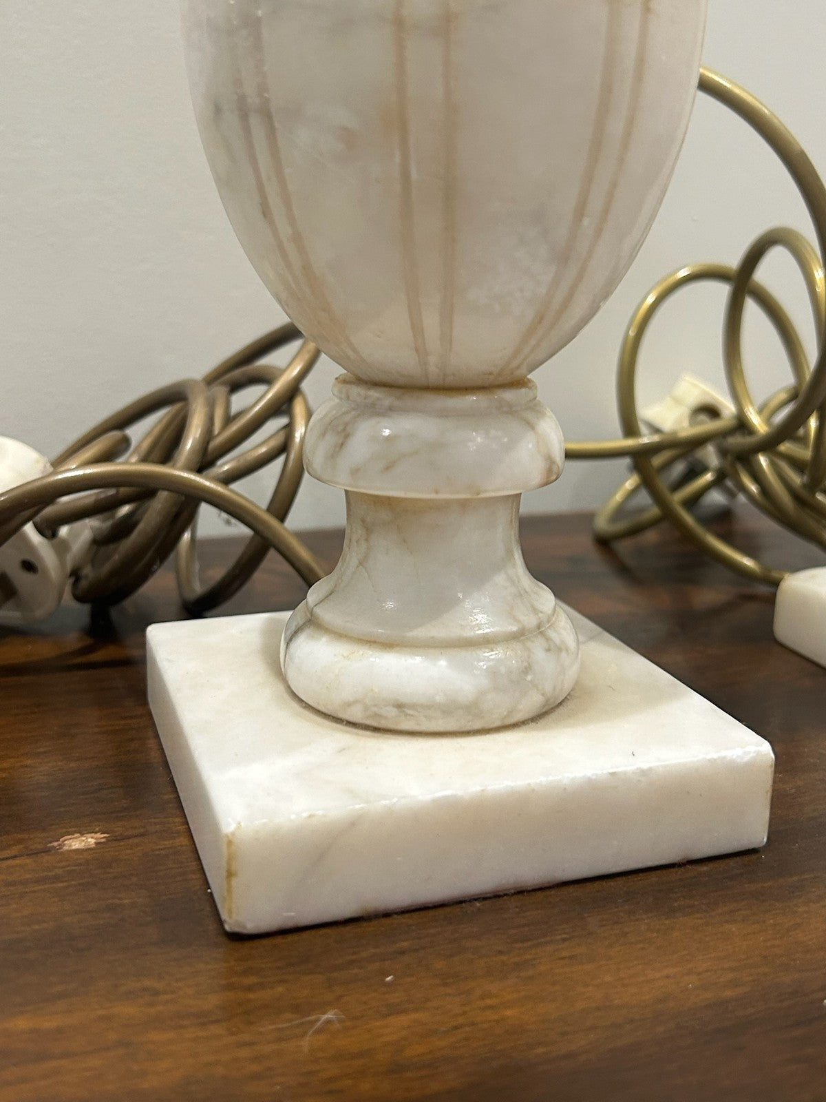 Pair Vintage Alabaster Urn Table Lamps Square Marble Bases3