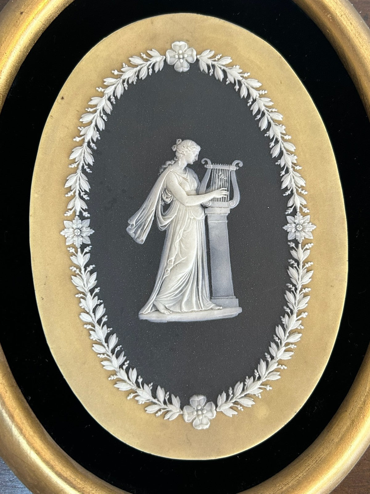 Wedgwood Tricolour Jasperware Framed Oval Plaque Classical Maiden 23x182