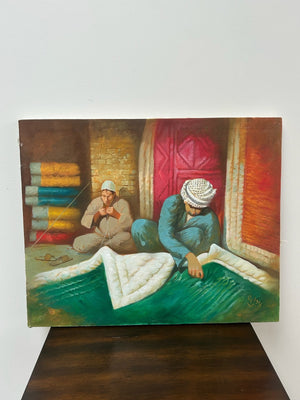 Orientalist Oil Painting Figure with Textiles Merchant Scene Signed
