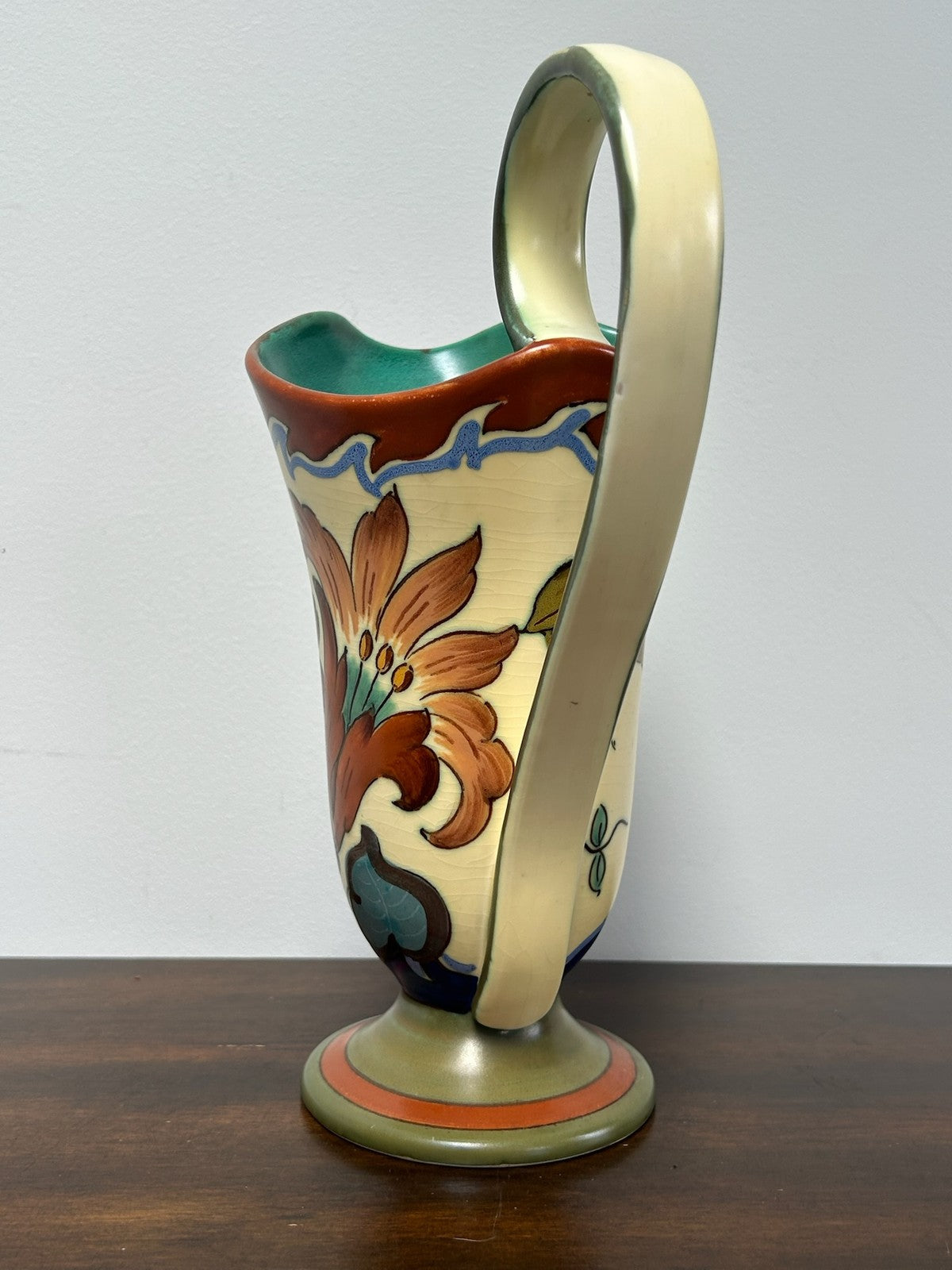 Gouda Dutch Art Pottery Ewer Jug Hand Painted Floral Matt Glaze 27cm2