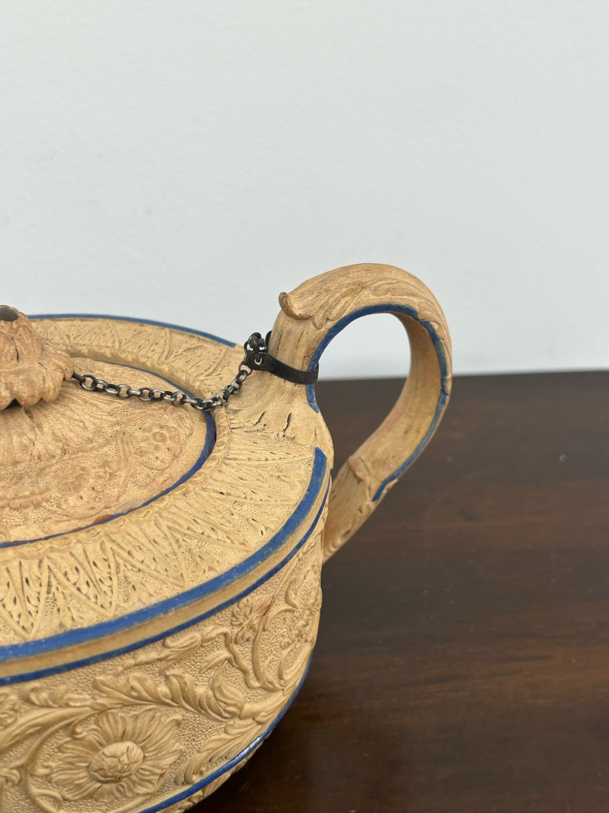 Antique Caneware Teapot Regency c1815 Relief Blue Line Silver Spout Stoneware6