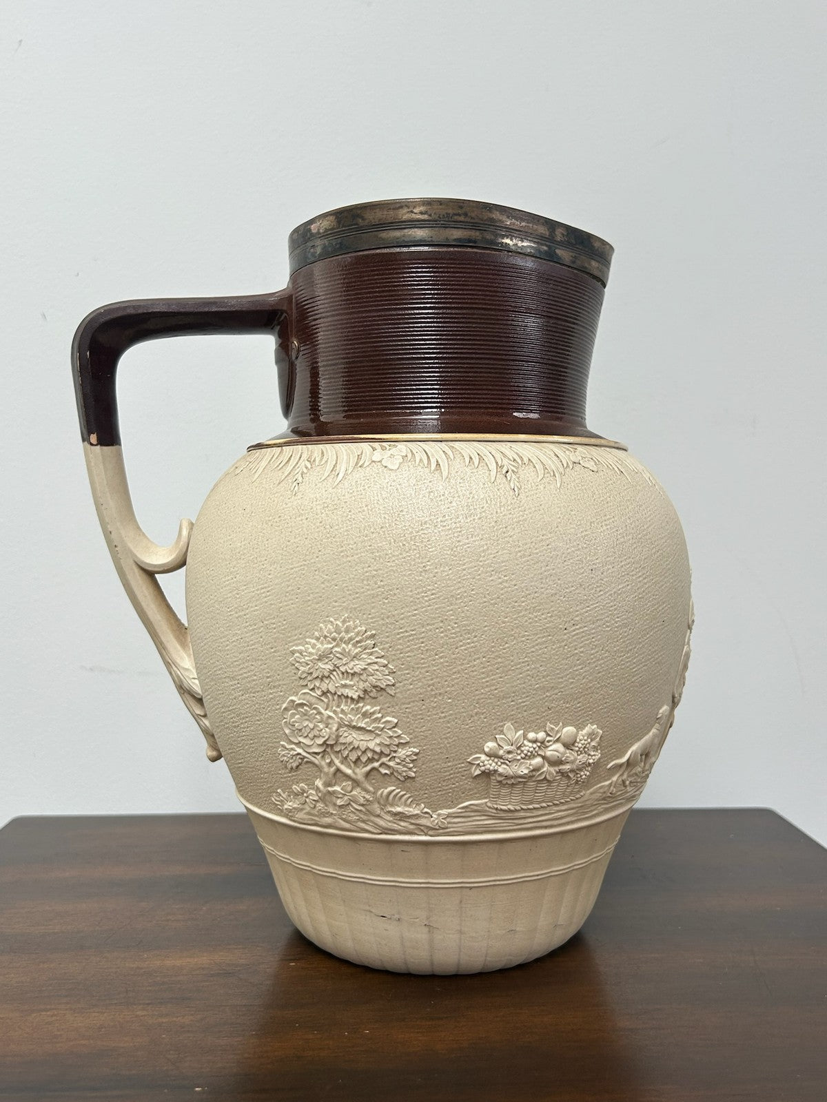 Large Turner Stoneware Jug 27cm Bacchanalian Figural Relief Georgian c18000