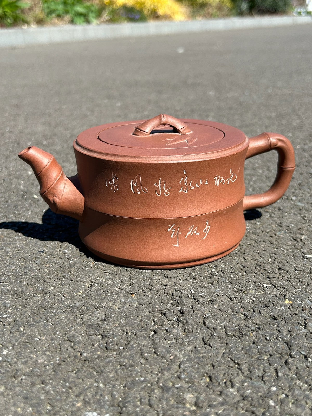 Chinese Yixing Zisha Teapot Bamboo Knop Incised Calligraphy Seal Mark Stoneware1