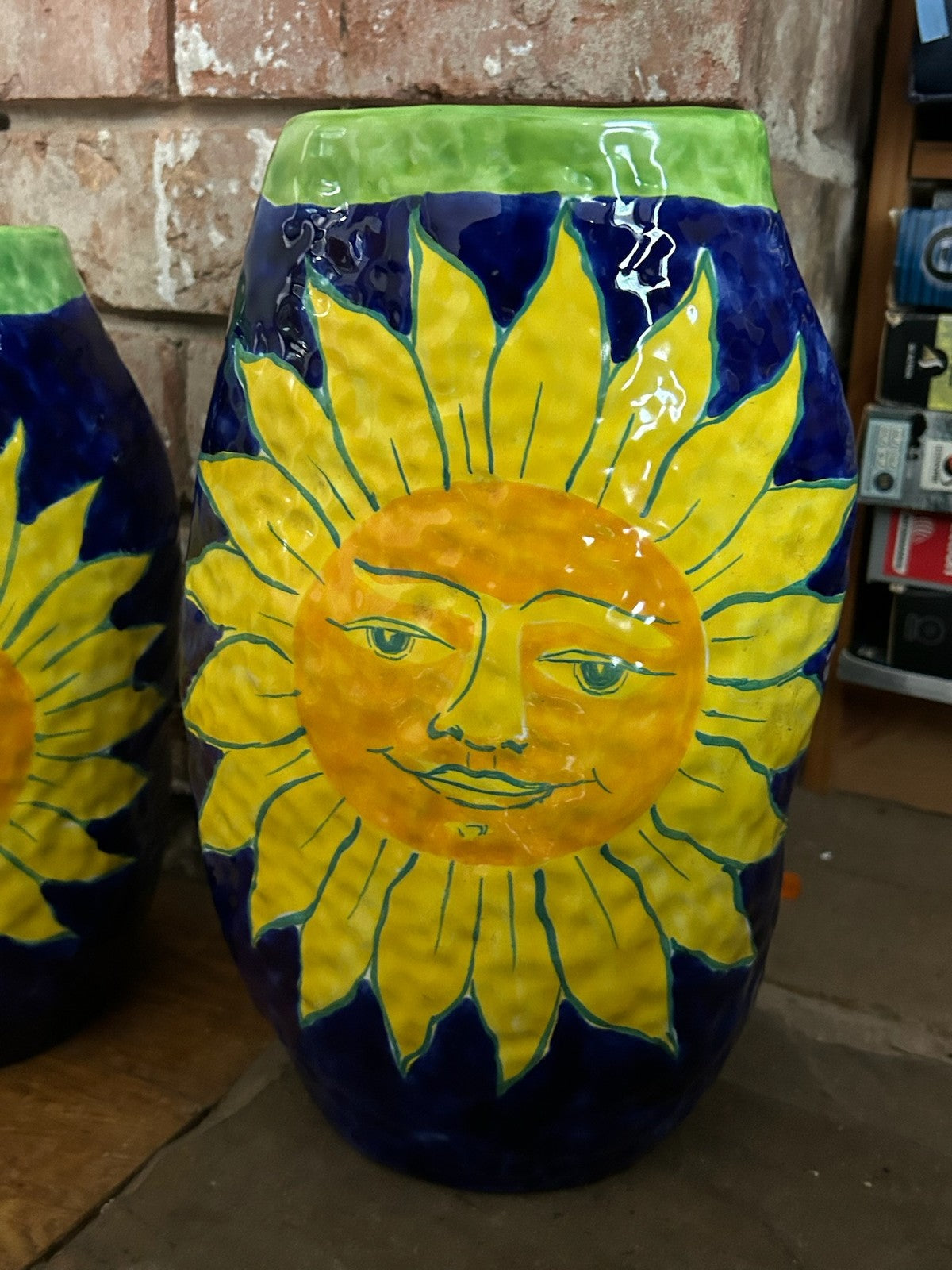 Pair Italian Hand Painted Ceramic Vases Sun Face Sunflower Cobalt Blue Signed1