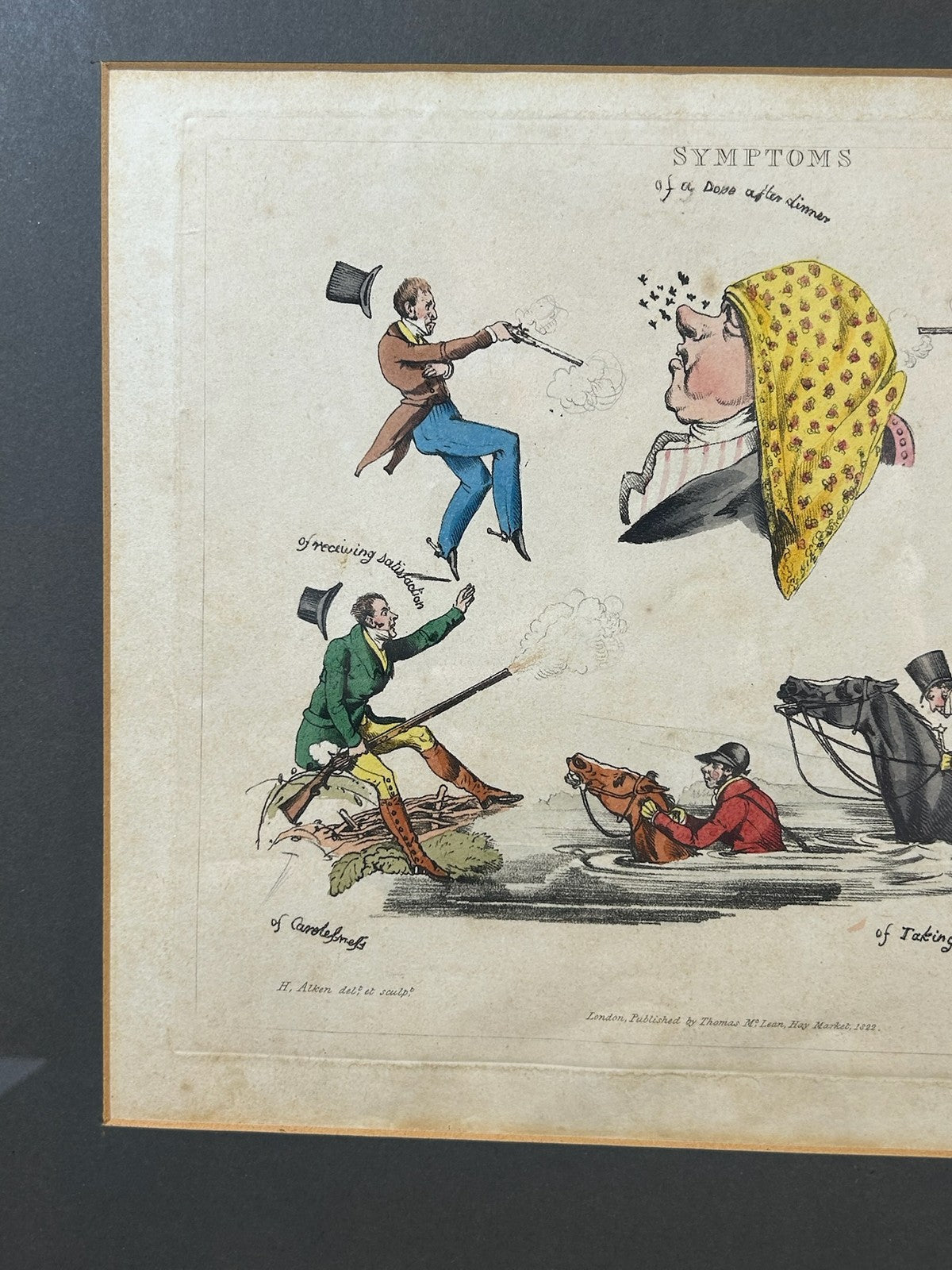 Henry Alken SYMPTOMS 1822 Hand Coloured Etching Duel Pistols Thos McLean Regency1