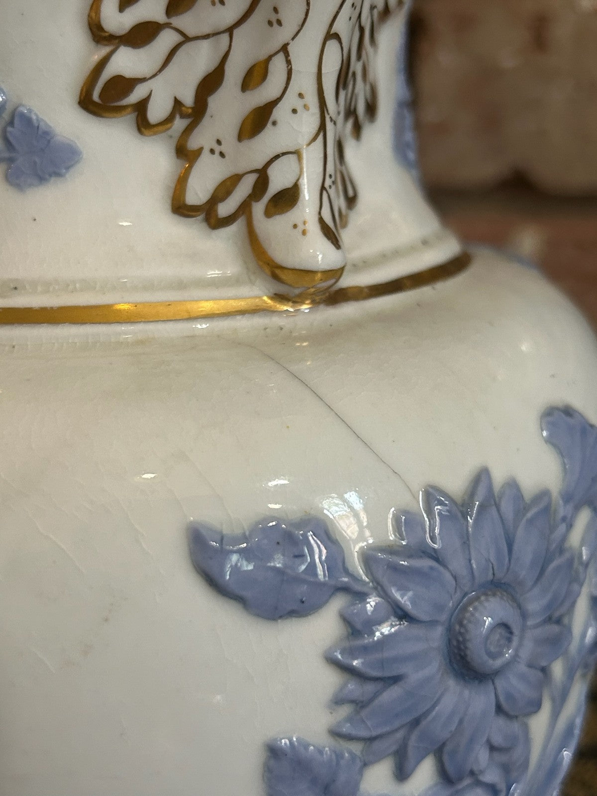 Antique Relief Moulded Jug Blue Sprigged Flowers Grapes Gilt Rim Victorian19