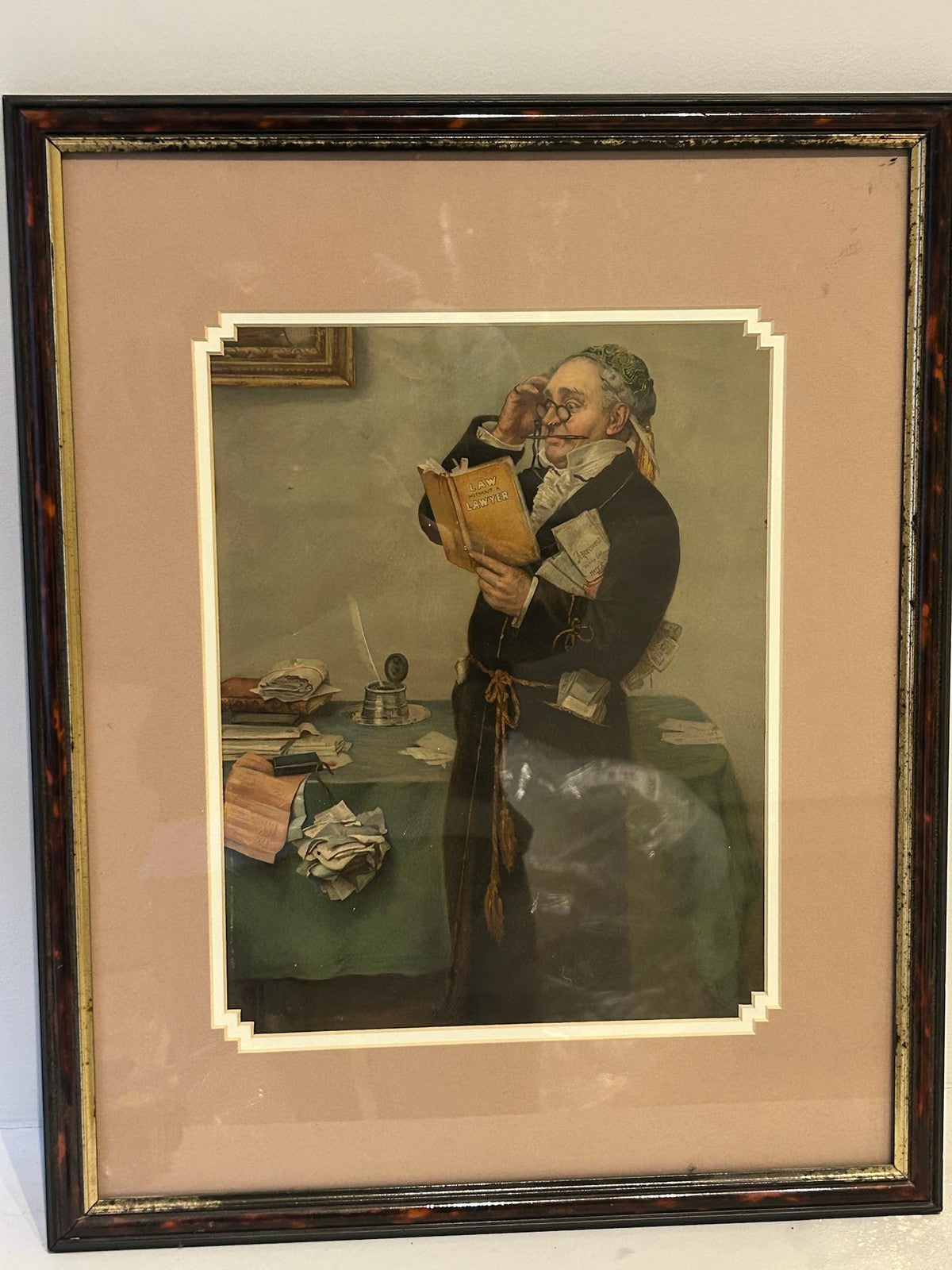 Victorian Chromolithograph Law Lawyer Reading Brief Spectacles c1880 Framed0