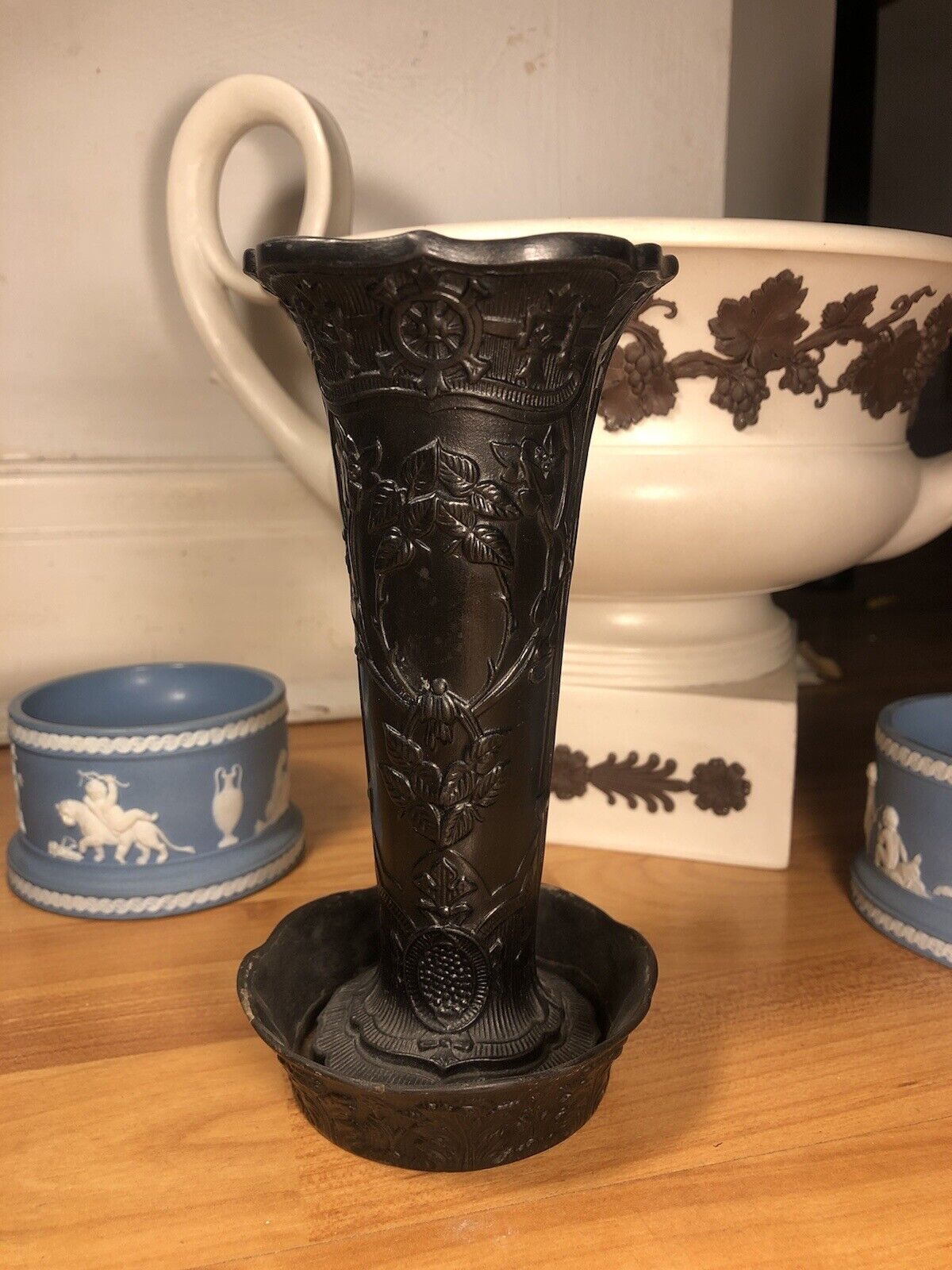 Wedgwood basalt vase and spill plate