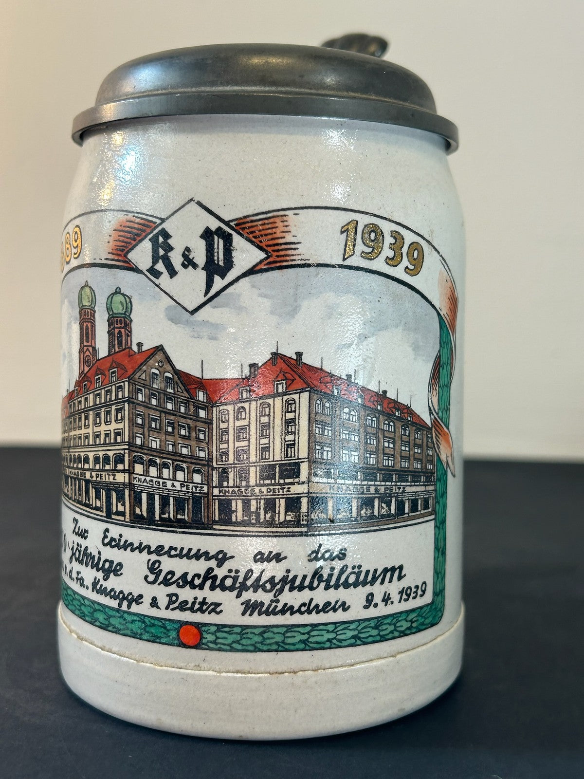 1939 Knagge & Peitz Munich 50 Year Jubilee Stoneware Beer Stein Pewter Lid5