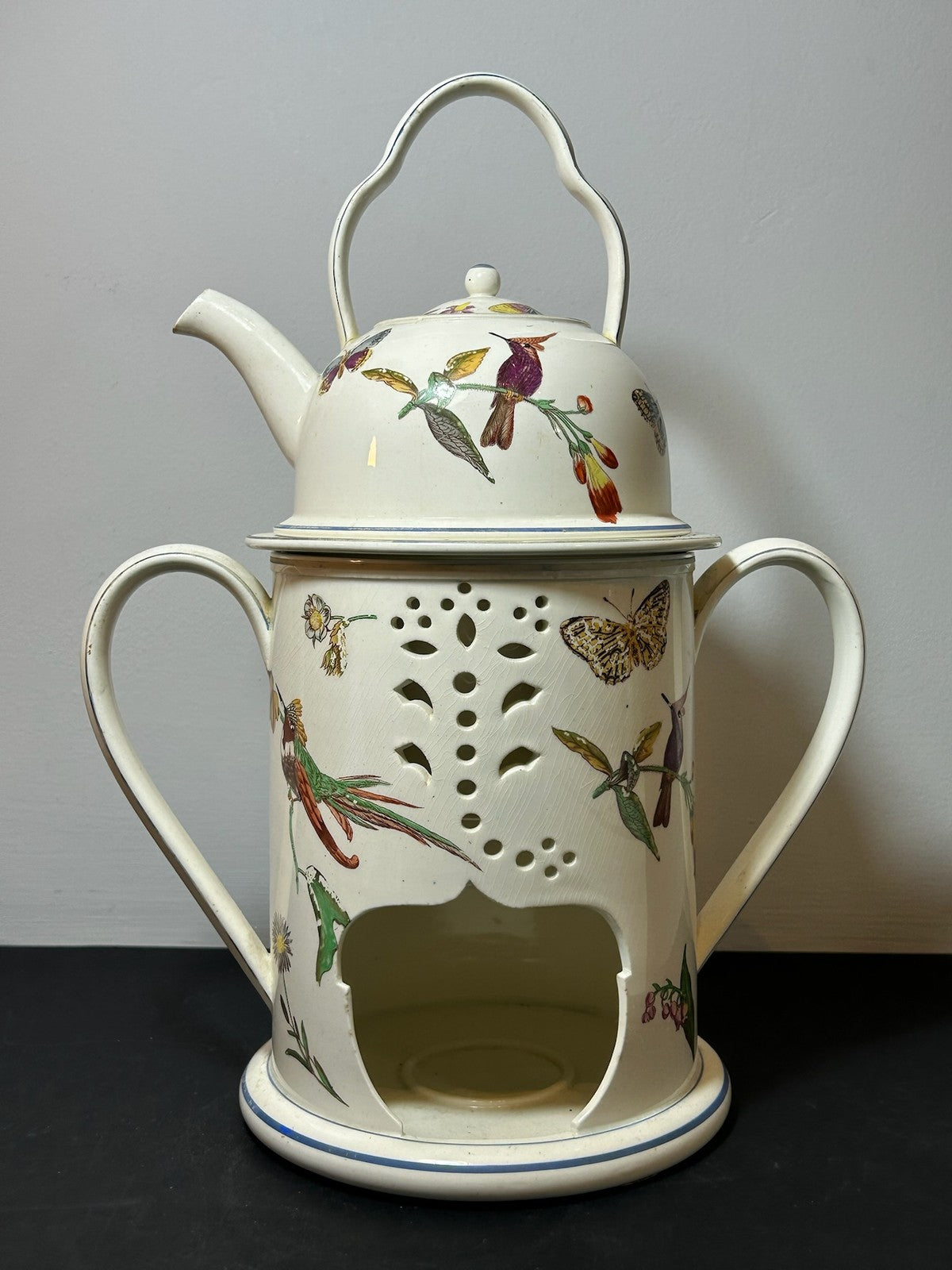 Antique Wedgwood Creamware Veilleuse Tea Warmer Painted Birds Butterflies c18202