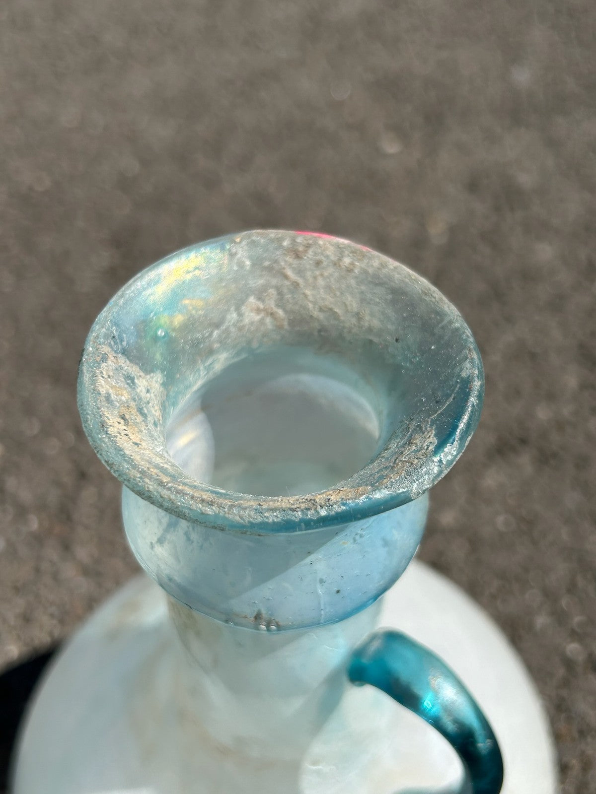 Vintage Iridescent Glass Ewer Pale Blue Roman Style Turquoise Handle Art Glass7