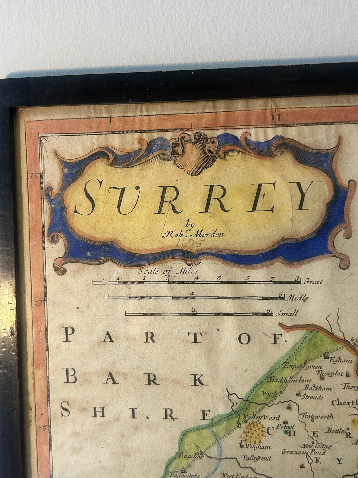 Antique Surrey Map Robert Morden Camden Britannia c.1695 Hand Coloured Framed1