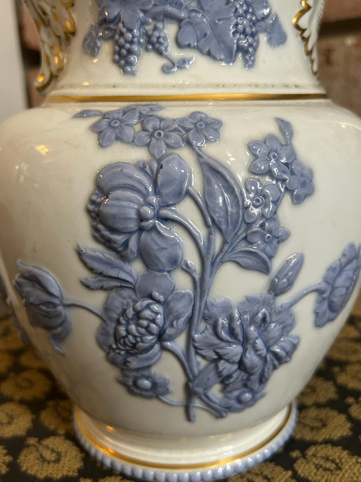 Antique Relief Moulded Jug Blue Sprigged Flowers Grapes Gilt Rim Victorian9