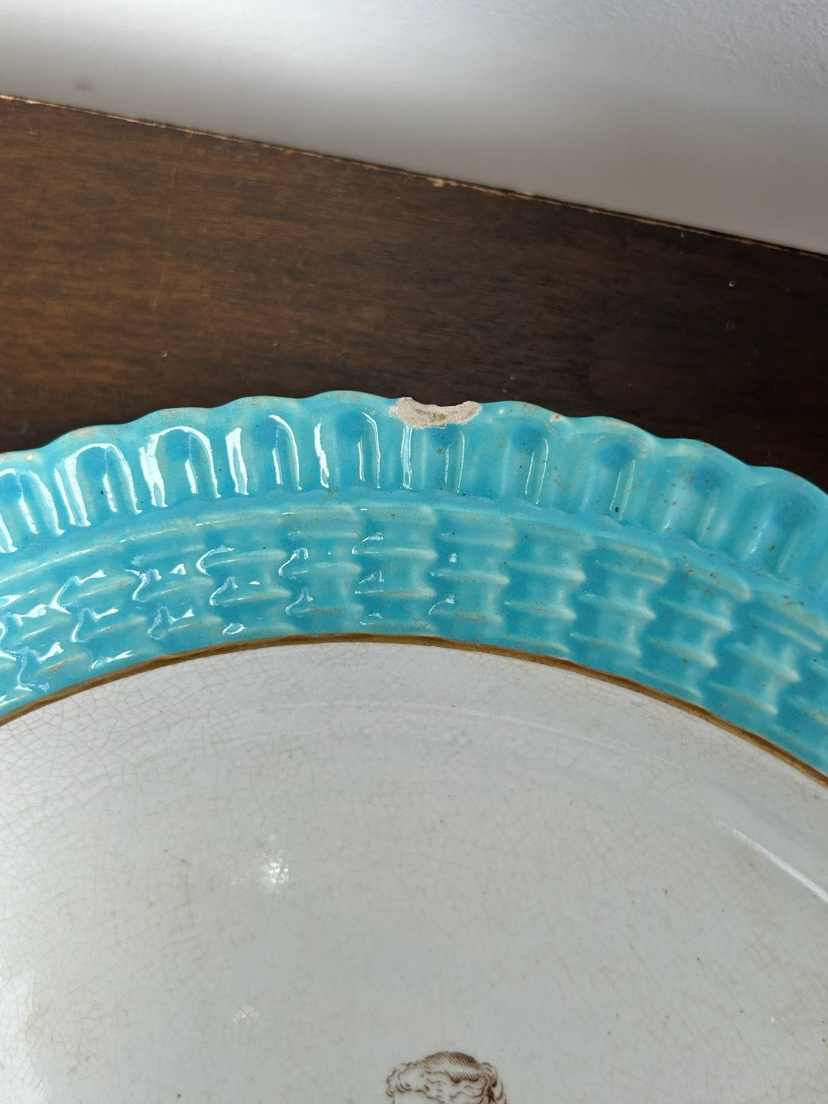 Cabinet Plate Turquoise Jewelled Border Classical Maiden Transfer Antique 24cm2