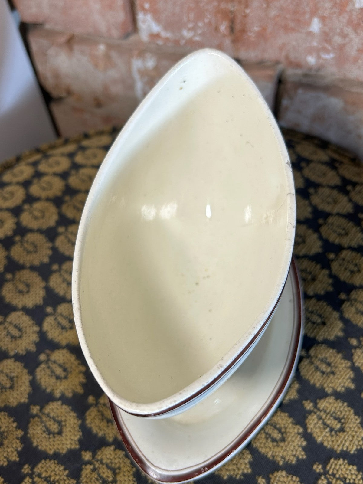 Antique Creamware Sauce Tureen Cover and Stand Brown Line Rims c18005