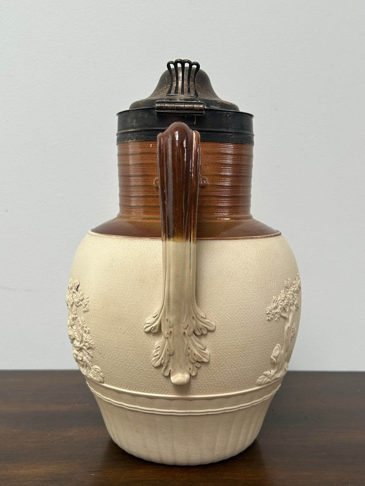 Large Turner Stoneware Jug Silver Lid 25cm c1800 Sprigged Hunting Georgian2