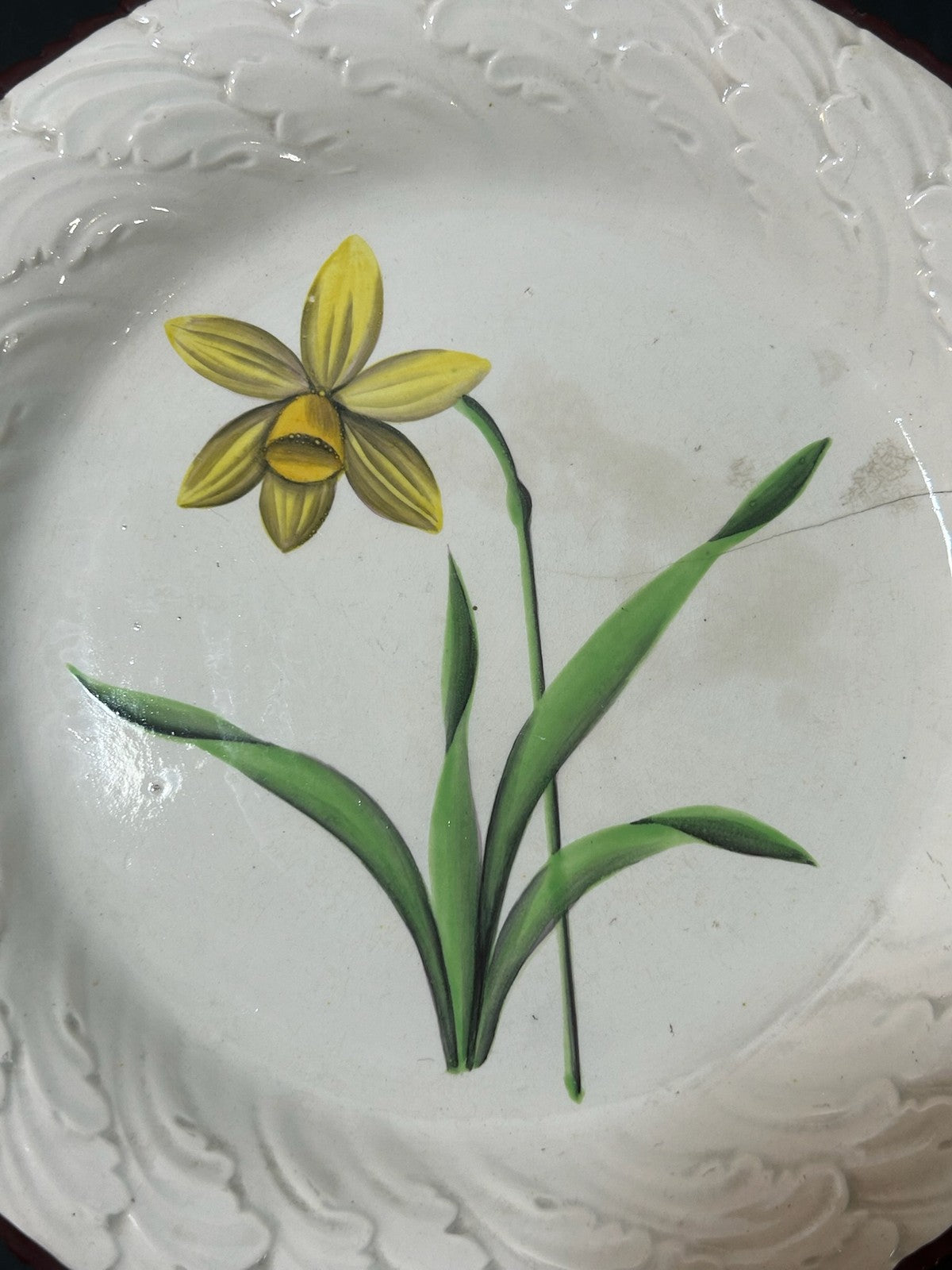 Antique Davenport Creamware Plate Hand Painted Daffodil Impressed Anchor AF2