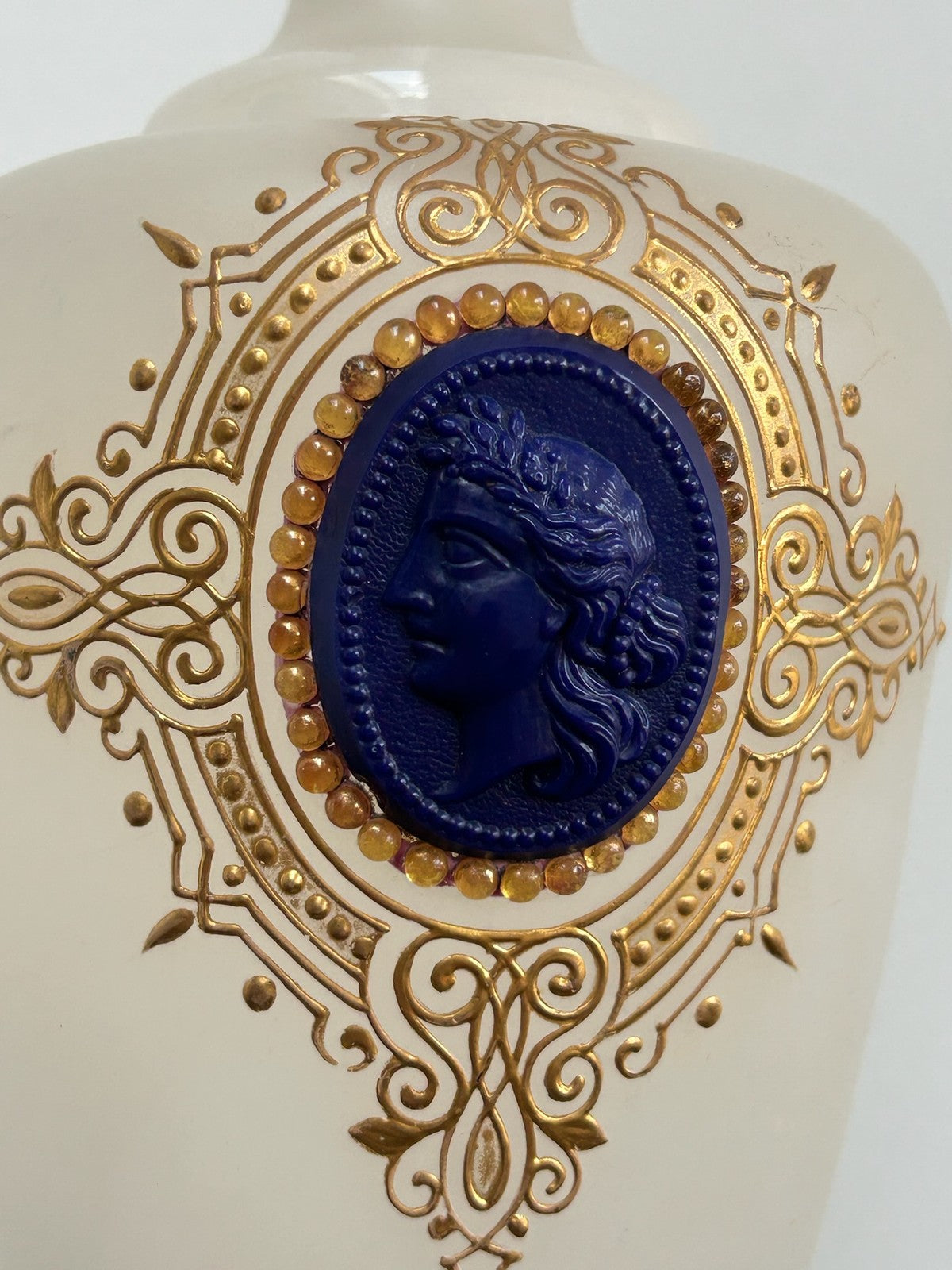 Antique Bohemian Opaline Glass Vase Portrait Cameo Gilded2