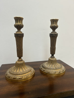Pair of Antique 19th Century French Empire Gilt Bronze Candlesticks, 10 3/4"