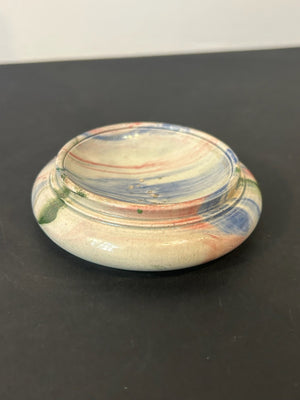 Antique Marbled Slip Earthenware Dish Stand Blue Pink Green Marbling 10cm