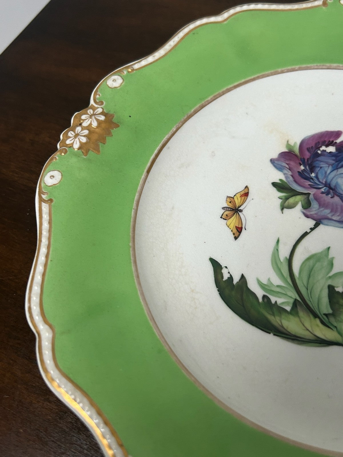 Bloor Derby Green Ground Botanical Plate Anemone Butterflies c.18301