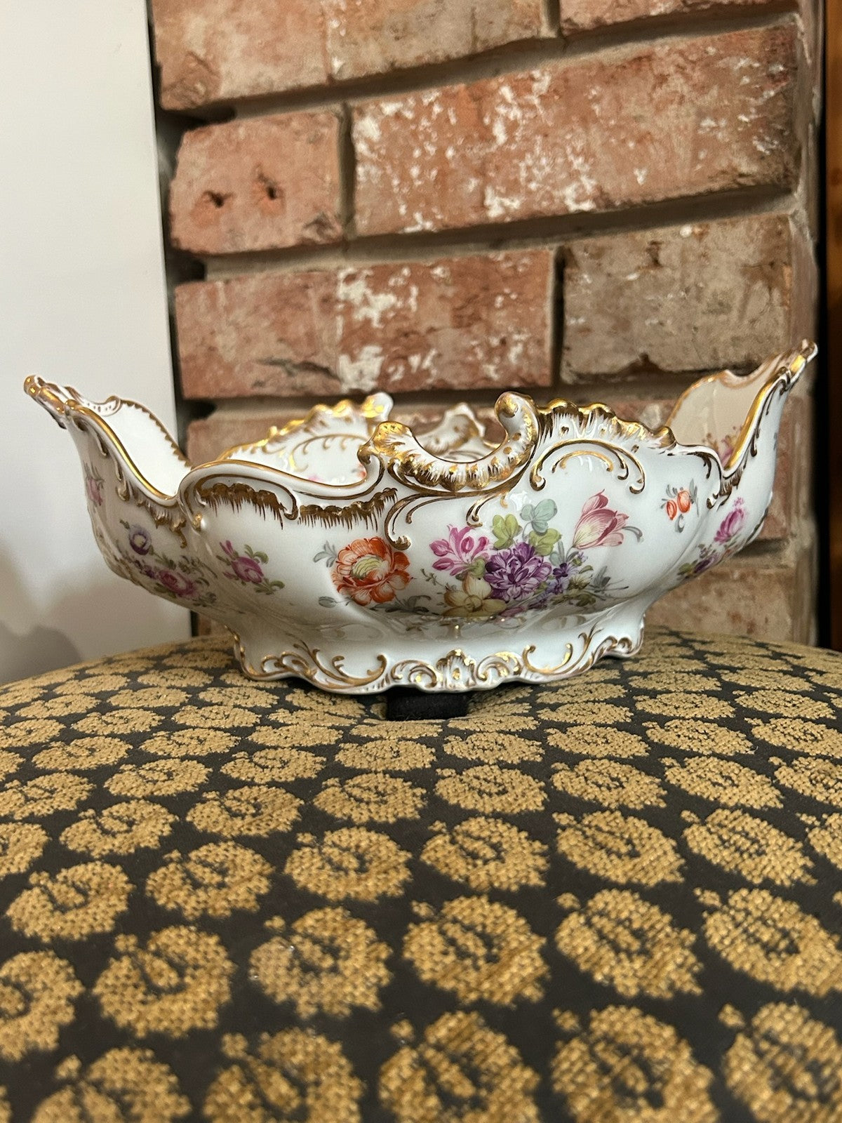 Dresden Porcelain Shaped Dish Hand Painted Flowers Gilt Scroll Rim Crown Mark17