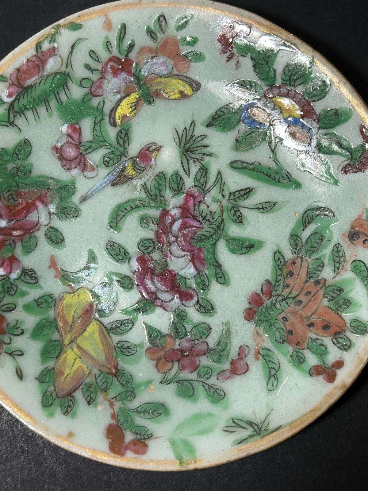 Antique Chinese Canton Famille Rose Small Plate Butterflies Celadon Ground 15cm1
