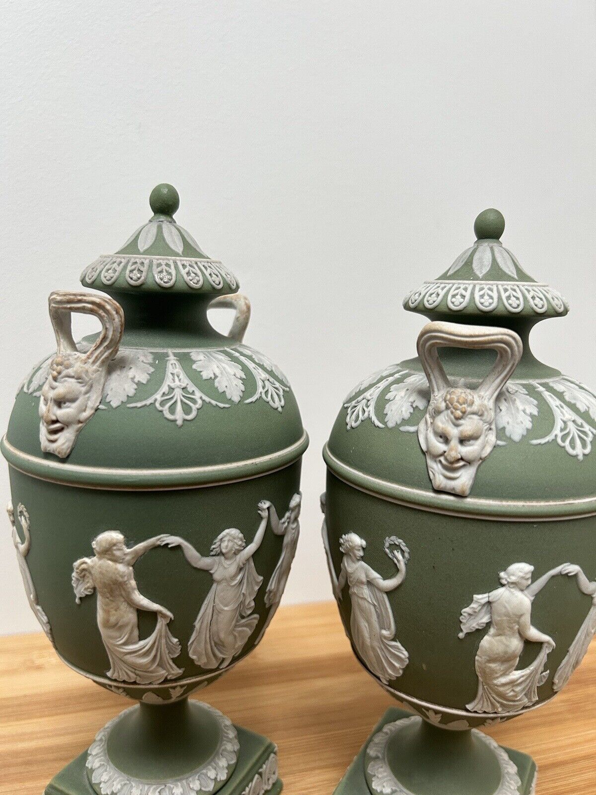 Wedgwood Pair Jasperware Twin Handle Vases Lidded Pair 23cm Urn Green