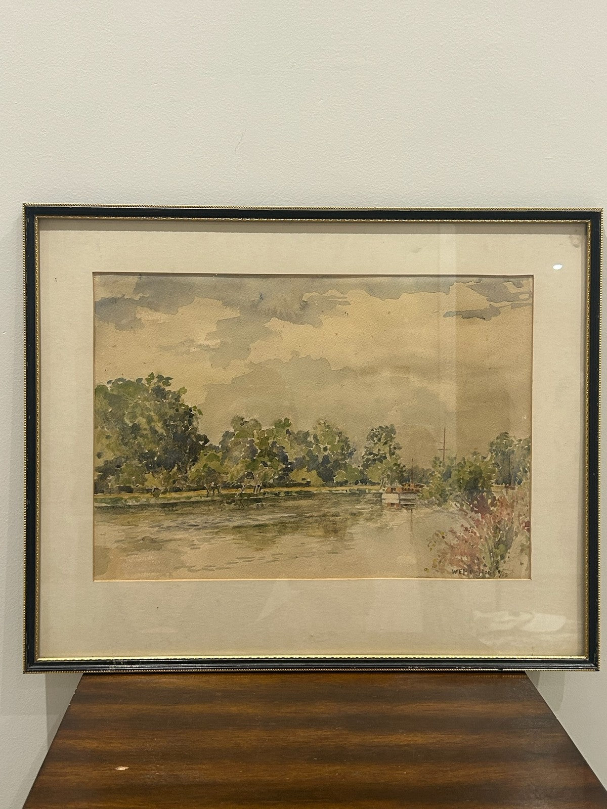 Framed Watercolour Painting River Landscape Trees Reflections Unsigned0
