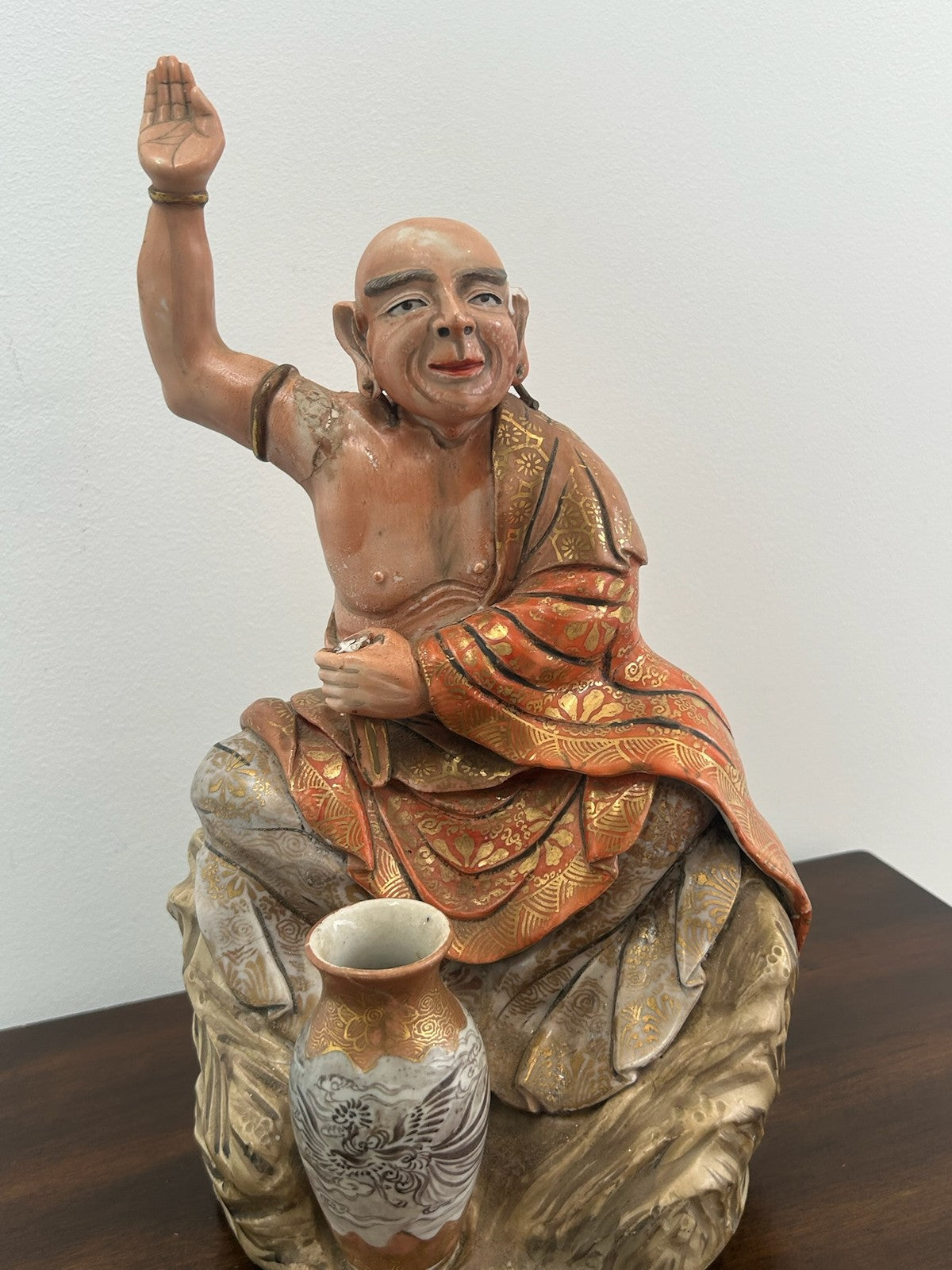 Antique Japanese Meiji Polychrome Pottery Figure of a Luohan / Monk & Vase10