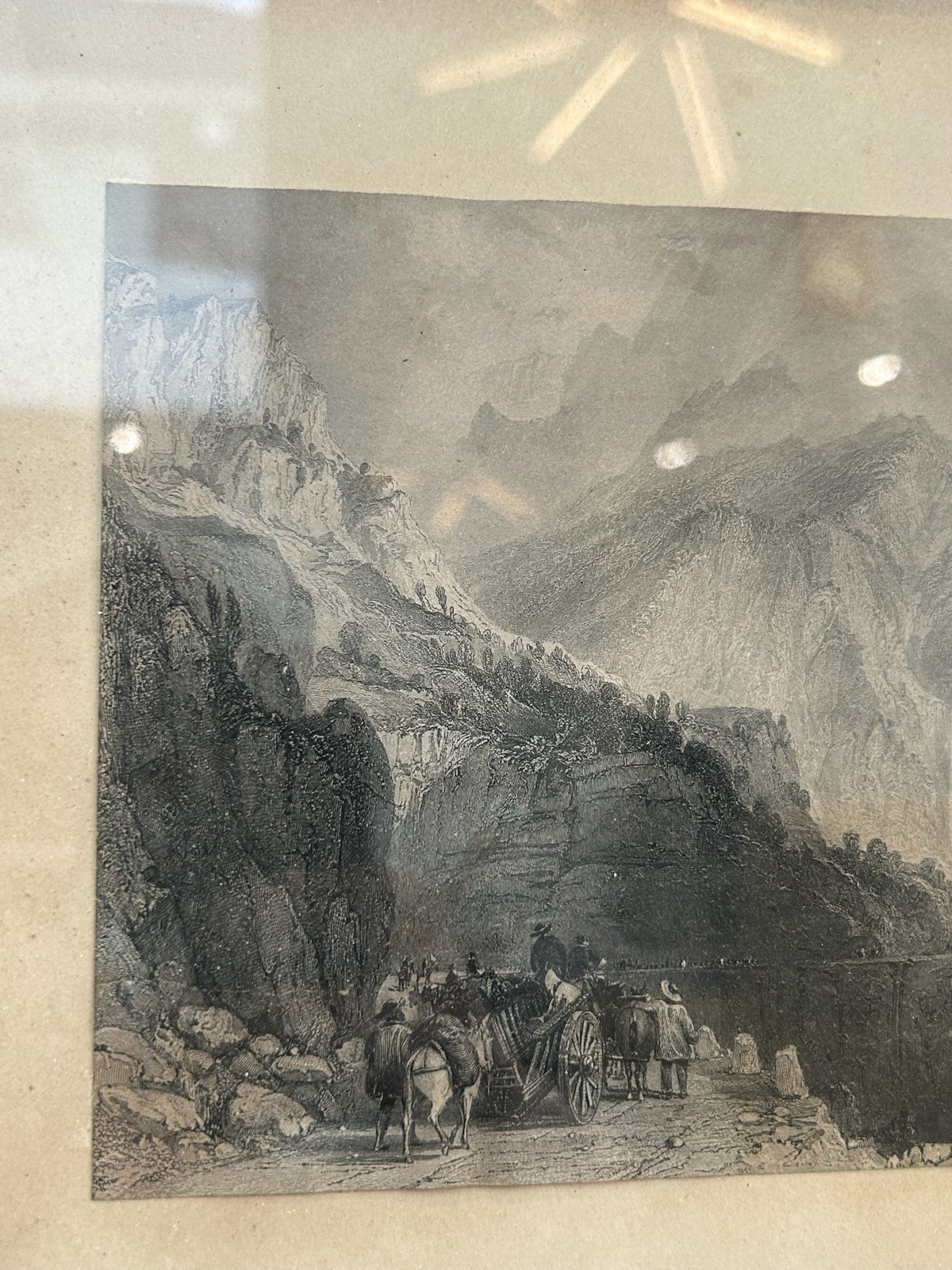 Antique 1865 France Voiron Chartreuse Valley Isere Waterfall Engraving Gilt Fram2