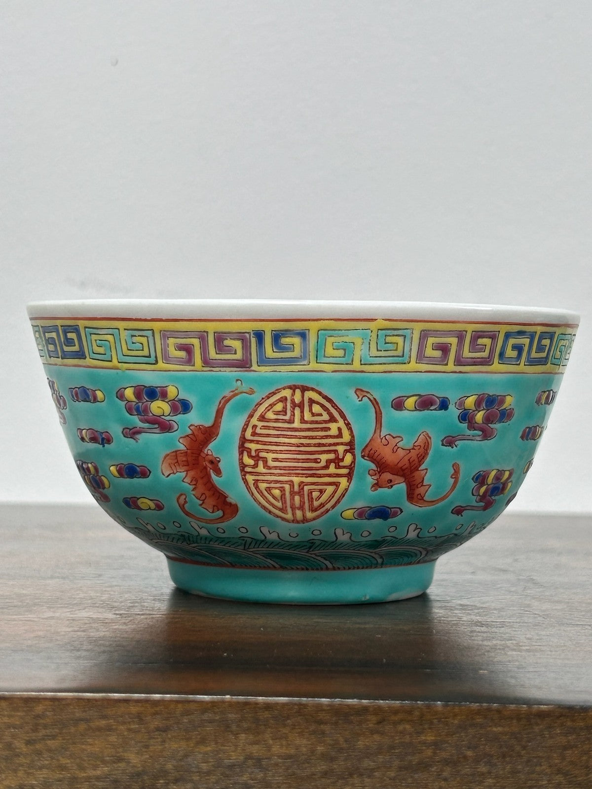 Pair Chinese Famille Rose Turquoise Ground Bats & Shou Bowls Jingdezhen Mark6